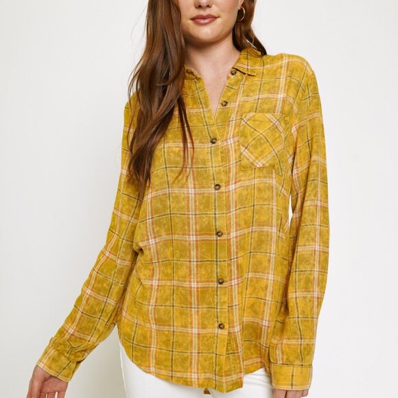 MYSTREE Acid Wash Mustard Yellow Plaid Button-Up Shirt - Picture 1 of 5